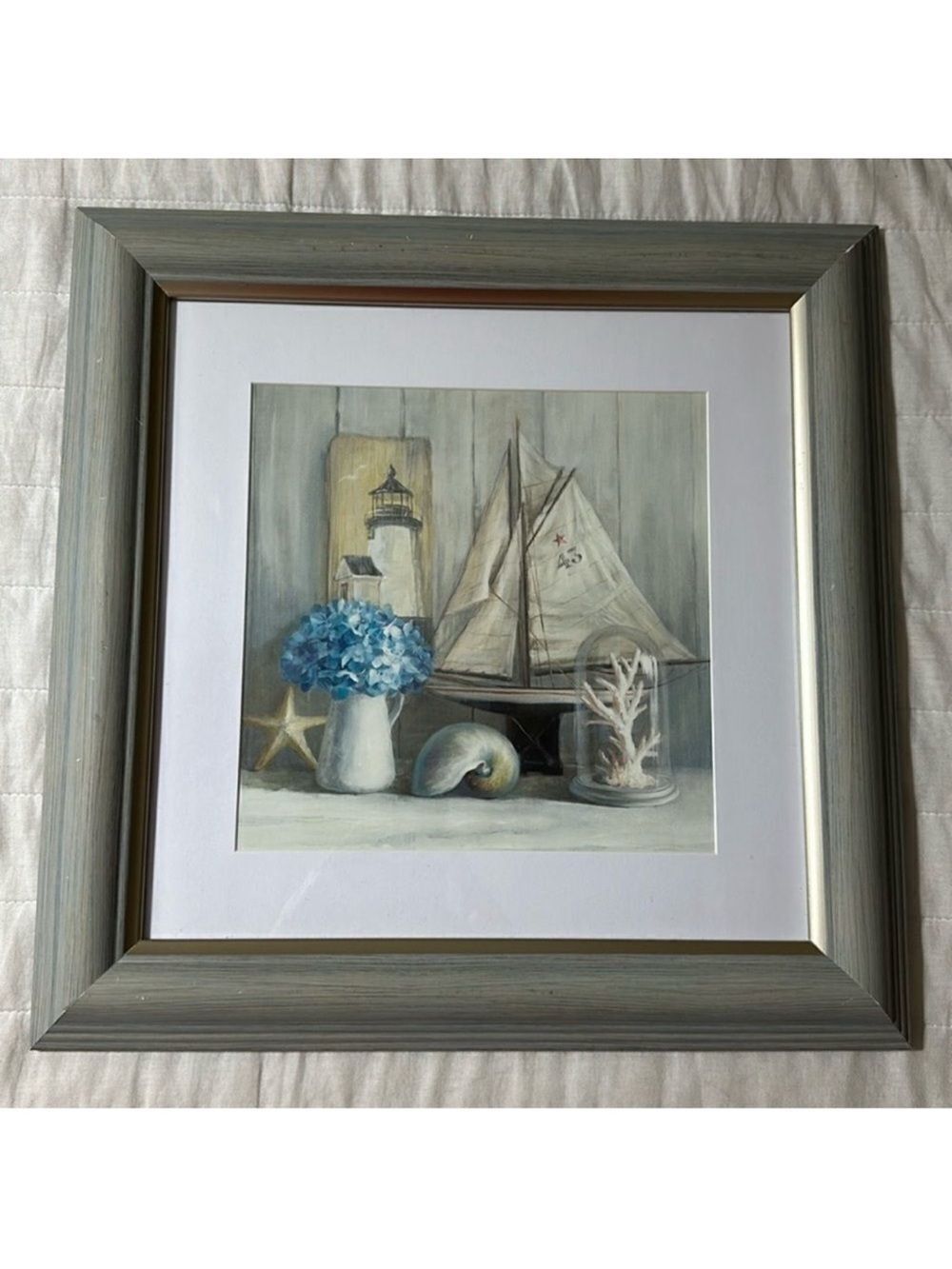 Teal Green Wooden Framed Nautical Coastal Lighthouse Sail Boat Shells Decor Art